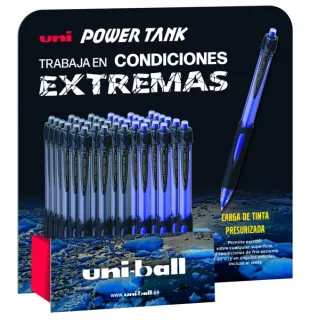 Uni-ball 220 Power Tank Expositor de 36 Boligrafos - Punta de Bola 1mm - Carga Presurizada - Escribe en Cualquier Superficie - Soporta Temperaturas Extremas - Colores Surtidos