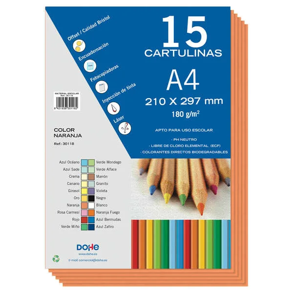 Dohe Pack de 15 Cartulinas A4 de 180gr - Con PH Neutro - Libres de Cloro Elemental - Color Naranja