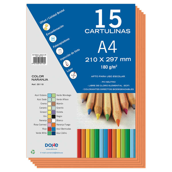 Dohe Pack de 15 Cartulinas A4 de 180gr - Con PH Neutro - Libres de Cloro Elemental - Color Naranja