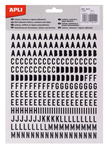Apli Letras de Palo Mayusculas Adhesivas - Altura 10mm - Color Negro - Pack de 2 Hojas con 486 Letras · Pack de 5 uds.