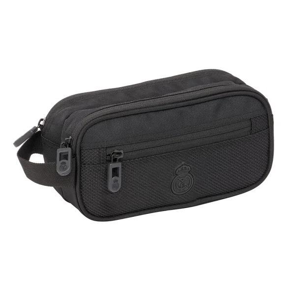 Safta Real Madrid Premium Neceser Compacto de 2L - 2 Compartimentos con Cremallera - Asa Lateral - Bolsillo Frontal - 210x100x80mm - Color Negro