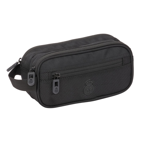 Safta Real Madrid Premium Neceser Compacto de 2L - 2 Compartimentos con Cremallera - Asa Lateral - Bolsillo Frontal - 210x100x80mm - Color Negro