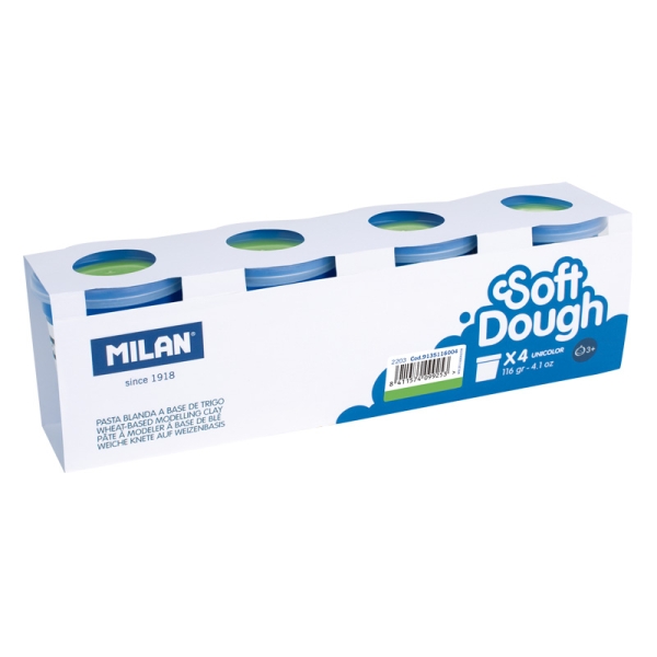 Milan Soft Dough Pack de 4 Botes de Pasta Blanda - 100% Vegetal - Moldeable - Sin Residuos - Colores Mezclables - 116g por Unidad - Color Verde