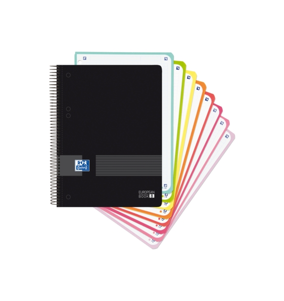 Oxford Europeanbook 8 Live & Go Cuaderno Espiral A5+ 160 Hojas Cuadricula 5x5 - 8 Bandas de Color - Tapa de Plastico Resistente - Color Negro · Pack de 4 uds.