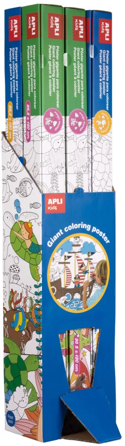 Apli Expositor de Posteres Gigantes para Pintar - Tamaño 180x96.5 mm - 6 Rollos con 2 Modelos: Mundo Marino y Bosque Magico - Ideal para Jugar en Grupo o en Familia - Alto Valor Didactico - Color Blanco y Negro