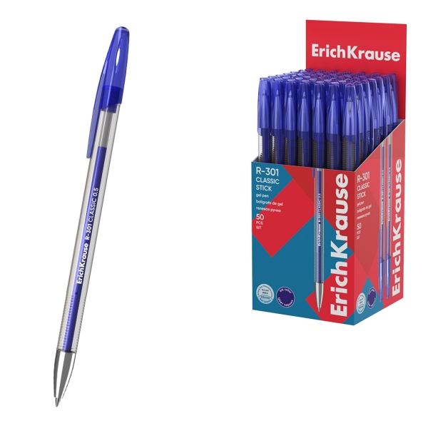 ErichKrause R-301 Gel Stick Classic Boligrafo con Capuchon - Punta de 0.5mm - Trazo 0.4mm - Tinta de Gel - Resistente al Agua - Secado Rapido - Color Azul · Pack de 50 uds.