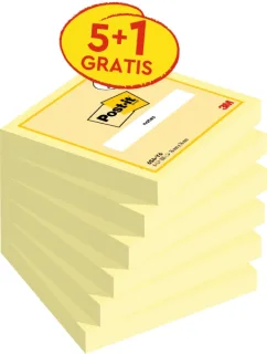 Post-It Pack de 6 Blocs de 100 Notas Adhesivas Reposicionables - 76x76mm - Promocion 5 Blocs + 1 Gratis - Color Amarillo Claro