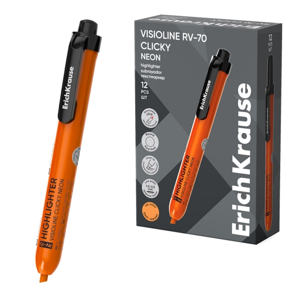 ErichKrause Visioline RV-70 Clicky Neon Marcador Fluorescente - Retractil - Punta Biselada - Trazo de 1.0mm a 3.5mm - Color Naranja · Pack de 12 uds.