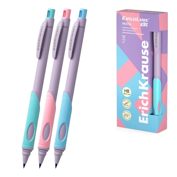 ErichKrause ErgoLine Kids Pastel Portaminas - Mina HB de 2.0mm - Sacapuntas Integrado - Ergonomico - Colores Surtidos · Pack de 12 uds.