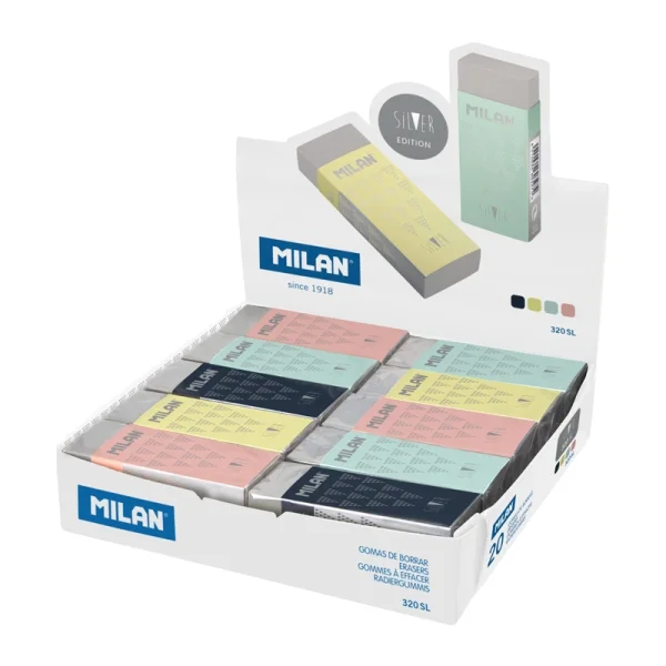 Milan Nata 320 Silver Expositor con 20 Gomas de Borrar - Color Plata