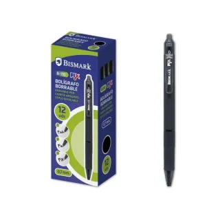Bismark Fix Boligrafo Retractil Borrable - Punta Fina 0.7mm - Con Clip - Color Negro · Pack de 12 uds.