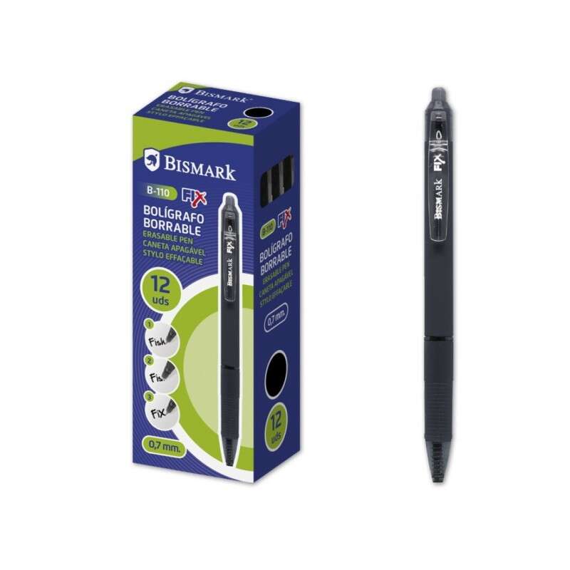 Bismark Fix Boligrafo Retractil Borrable - Punta Fina 0.7mm - Con Clip - Color Negro · Pack de 12 uds.