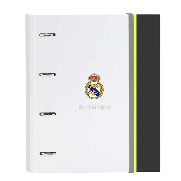 Safta Real Madrid Carpeta de 4 Anillas - Tapas Duras Forradas - Lomo de 35mm - Incluye 100 Hojas A4 con Cuadriculada 5X5mm - 27x32x3.5cm - Color Blanco