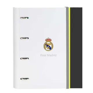 Safta Real Madrid Carpeta de 4 Anillas - Tapas Duras Forradas - Lomo de 35mm - Incluye 100 Hojas A4 con Cuadriculada 5X5mm - 27x32x3.5cm - Color Blanco