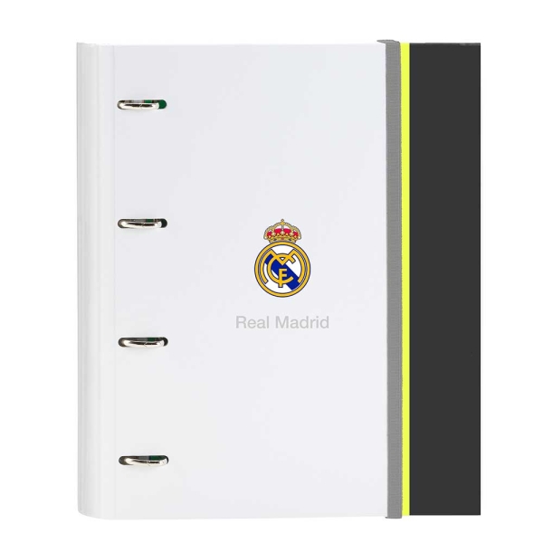 Safta Real Madrid Carpeta de 4 Anillas - Tapas Duras Forradas - Lomo de 35mm - Incluye 100 Hojas A4 con Cuadriculada 5X5mm - 27x32x3.5cm - Color Blanco