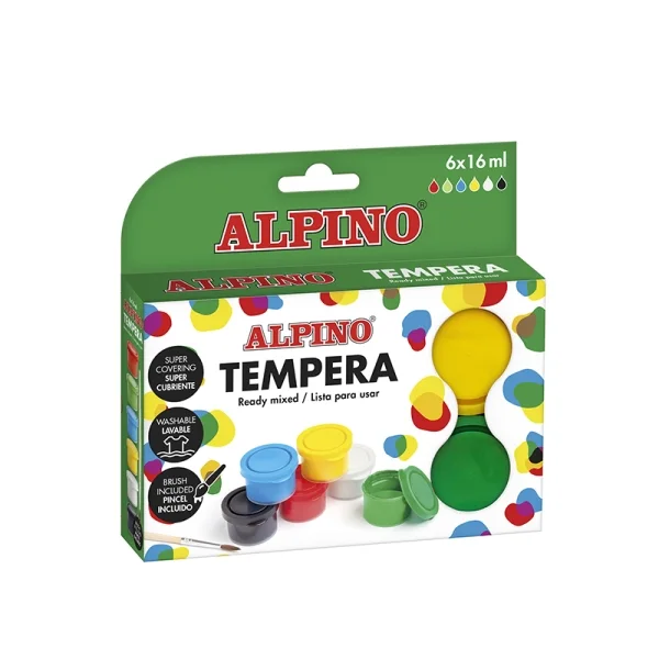 Alpino Pack con 6 Botes de Tempera 16ml + Pincel - Supercubriente y Lavable - Colores Surtidos