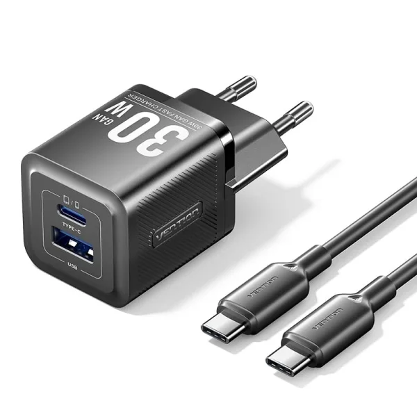 Vention Cargador de Pared GaN USB-C 30W - Cable USB-C 1m - Color Negro