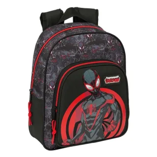Safta Miles Morales Mochila Infantil - Adaptable a Carro - Portabotellas - Hombreras Acolchadas - Bolsillo Frontal - Asa Superior - 9L - 270x100x330mm - Color Negro y Rojo