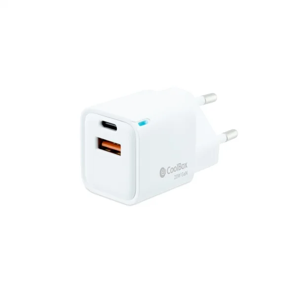 Coolbox Cargador de Pared 20W QC3.0 + PD - USB-A + USB-C - Carga Rapida - Tecnología GaN - Color Blanco