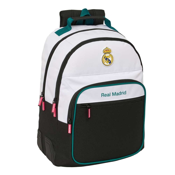 Safta Real Madrid Equipacion 26/27 Mochila - Adaptable a Carro - Bolsillo Frontal - Portabotellas - Cremallera con Doble Tirador - Asa de Mano - Espalda Acolchada - 32x42x15cm - Color Blanco y Negro