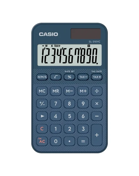 Casio SL-310YC Calculadora de Bolsillo con Pantalla LCD de 10 Digitos - Calculo de Impuestos - Alimentacion Solar y Pilas - Compacta y Ligera - Color Azul Navy