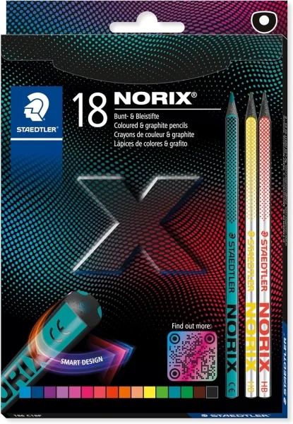 Staedtler Norix 186 Pack de 16 Lapices de Colores HB + 2 Lapices de Grafito - Madera Negra - Mina de Grafito - Diseño Inteligente - Para Escribir, Dibujar y hacer Bocetos