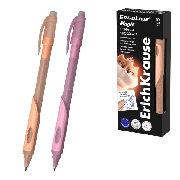 ErichKrause ErgoLine Magic Stick and Grip Prima Cat Boligrafo Borrable - Modelos Surtidos - Trazo 0.4mm - Tinta de Gel - Resistente al Agua - Zona de Agarre de Goma - Color Azul · Pack de 10 uds.