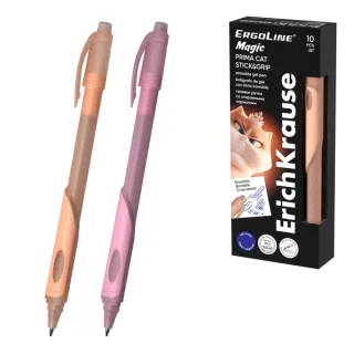 ErichKrause ErgoLine Magic Stick and Grip Prima Cat Boligrafo Borrable - Modelos Surtidos - Trazo 0.4mm - Tinta de Gel - Resistente al Agua - Zona de Agarre de Goma - Color Azul · Pack de 10