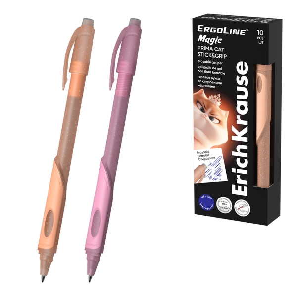 ErichKrause ErgoLine Magic Stick and Grip Prima Cat Boligrafo Borrable - Modelos Surtidos - Trazo 0.4mm - Tinta de Gel - Resistente al Agua - Zona de Agarre de Goma - Color Azul · Pack de 10 uds.