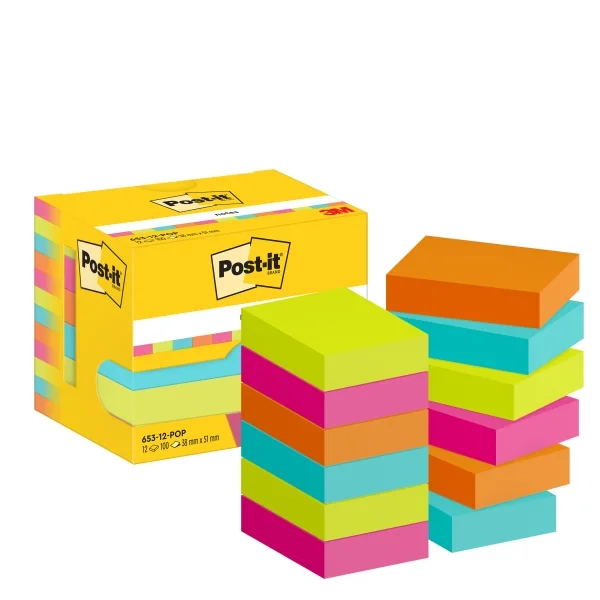 Post-It Pack de 12 Blocs de 100 Notas Adhesivas Reposicionables - Forma Rectangular - 38x51mm - Colores Surtidos