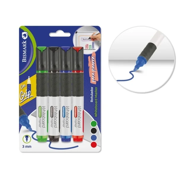 Bismark Pack de 4 Rotuladores para Pizarra Blanca con Grip - Punta Redonda 3mm - Colores Surtidos