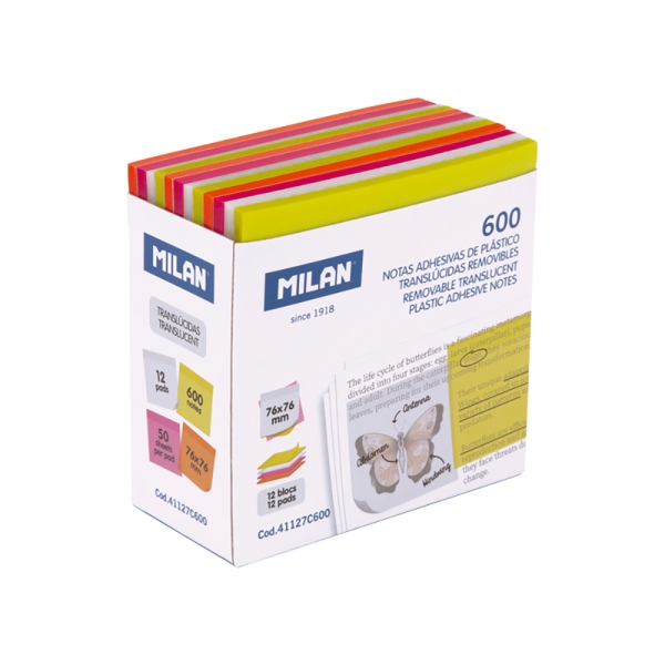 Milan Fluo Pack de 600 Notas Adhesivas - Translucidas - Removibles - 76x76mm - Colores Surtidos