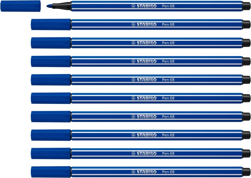 Stabilo Pen 68 Rotulador de Punta de Fibra - Trazo de 1mm aprox. - Tinta con Base de Agua - Color Azul Marino · Pack de 10 uds.