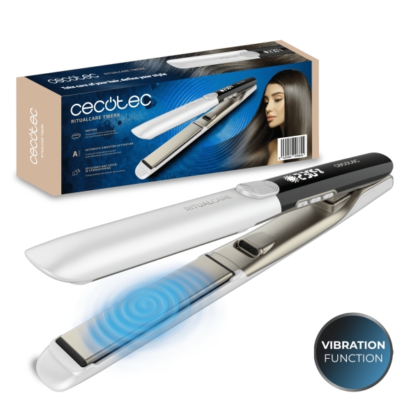 Cecotec RitualCare Twerk Plancha de Pelo con Vibracion - Cable 360º - Pantalla LED - Bloqueo de Placas - Temperatura Regulable - Revestimiento de Queratina - Color Blanco