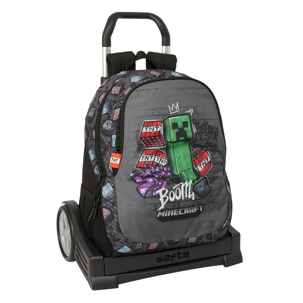 Safta Minecraft Graffiti Mochila con Carro - Extraible - 23L - Portabotellas - Cremallera con Doble Tirador - Asa de Mano - Espalda Acolchada Antisudor - 32x44x16cm - Color Gris