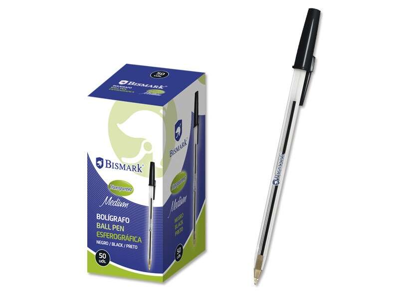 Bismark Boligrafo de Bola - Punta Redonda - Capuchon y Tapon del Color de la Tinta - Color Negro · Pack de 50 uds.