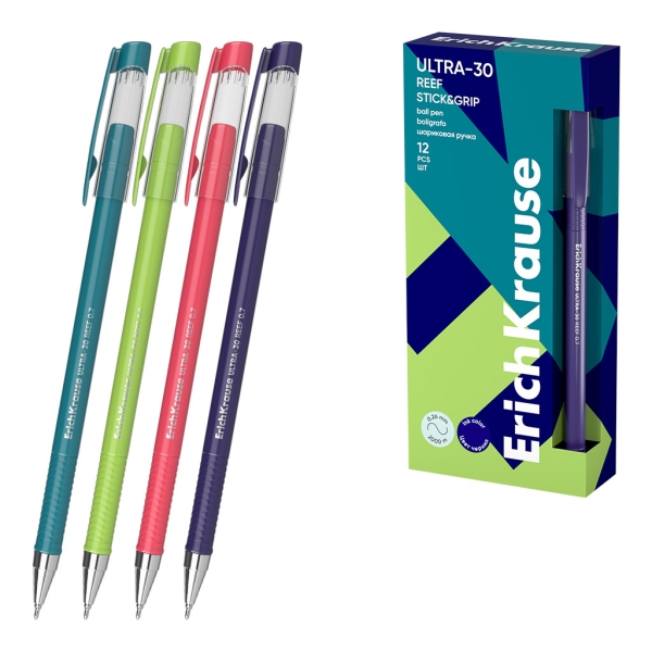 ErichKrause ULTRA-30 Stick and Grip Reef Boligrafo con Capuchon - Modelos Surtidos - Trazo 0.26mm - Zona de Agarre de Goma - Tinta de Baja Viscosidad - Tapa Ventilada - Color Azul · Pack de 12 uds.