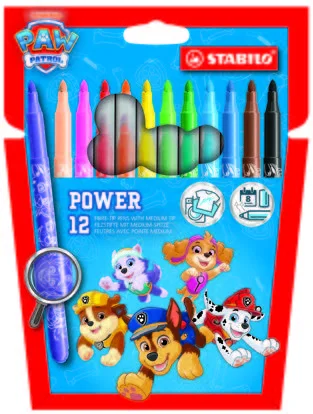 Stabilo Power Patrulla Canina Pack con 12 Rotuladores con Diseños de la Patrulla Canina - Punta Media de 2mm - Tinta Lavable - Capuchon Ventilado - Colores Surtidos