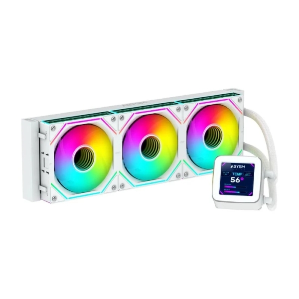 Abysm Oceanic LCD 360 ARGB Kit de Refrigeracion Liquida - 3 Ventiladores de 120mm - Iluminacion ARGB - Pantalla LCD 2.8" - Bomba 2500rpm - Tubos de 380mm - Color Blanco - Formato Bulk · Pack