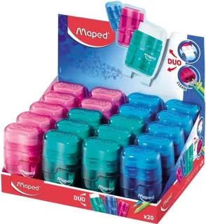 Maped Connect Duo Afilaborra de 2 Orificios con Goma de Borrar - Deposito de Gran Capacidad - Forma Ergonomica - Cuerpo Translucido de Colores Surtidos · Pack de 20 uds.