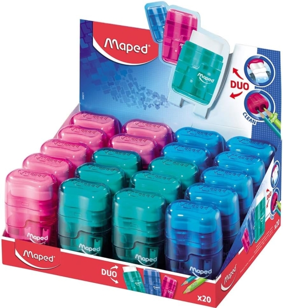Maped Connect Duo Afilaborra de 2 Orificios con Goma de Borrar - Deposito de Gran Capacidad - Forma Ergonomica - Cuerpo Translucido de Colores Surtidos · Pack de 20 uds.