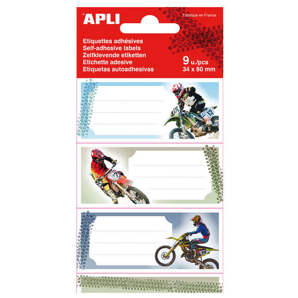 Apli Etiquetas Adhesivas Escolares Motos - Tamaño 81x36mm - 9 Etiquetas (3 por Diseño) - Adhesivo Permanente de Alta Calidad - Color Blanco · Pack de 5 uds.