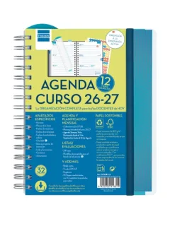 Finocam Magistral Agenda Escolar 26/27 - Semana Vista Horizontal - Formato 4º - 155x212mm - Tapas de Polipropileno - Papel de 80g/m2 - Espiral Metalica - Esquinas Microperforadas - Color Azu