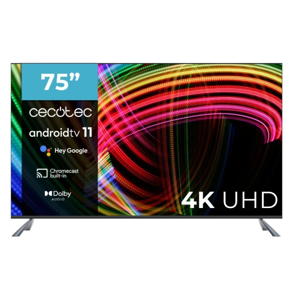 Cecotec A3 series ALU30075 Televisor Smart TV sin Marco de 75" LED con Resolucion 4K UHD - Android TV 11 - Dolby Vision y Atmos - HDMI 2.1 - Chromecast Integrado - Asistente Google - Color Negro