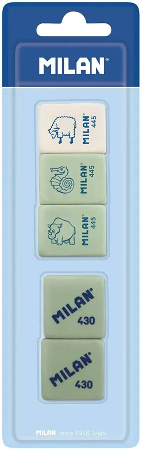 Milan Pack de 5 Gomas de Borrar, 3xGomas 445 Nata Rectangulares + 2xGomas 430 Cuadradas - Miga de pan - Caucho Suave Sintetico - Colores Surtidos