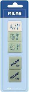 Milan Pack de 5 Gomas de Borrar, 3xGomas 445 Nata Rectangulares + 2xGomas 430 Cuadradas - Miga de pan - Caucho Suave Sintetico - Colores Surtidos