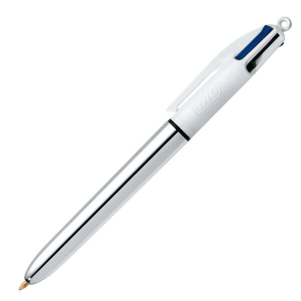 Bic 4 Colours Shine Boligrafo de Bola Retractil - Punta de 1mm - Trazo de 0.4mm - Tinta con Base de Aceite - Cuerpo Plata/Blanco - 4 Colores · Pack de 12 uds.