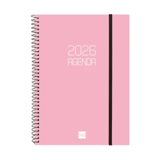 Finocam Opaque Agenda de Espiral en Catalan - Anual 2026 - Tapa Ligera - Cierre con Goma Elastica - Formato E10 - 217x14x297mm - Semana Vista Horizontal - Color Rosa