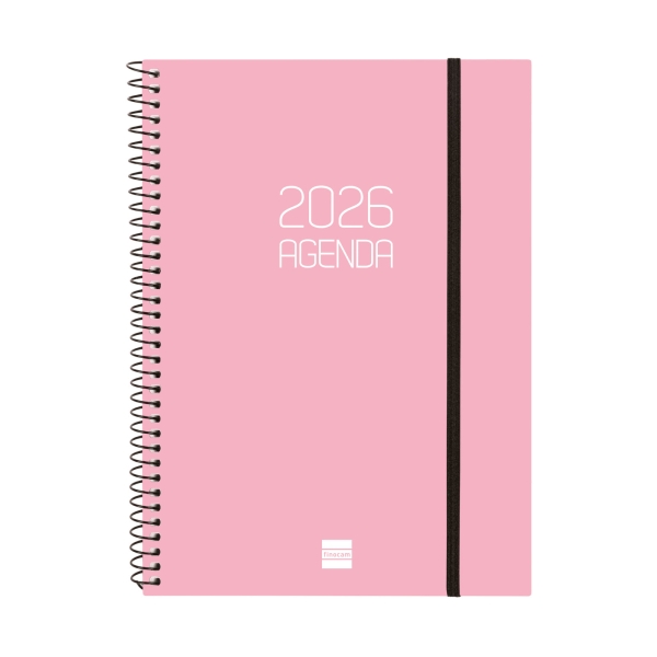 Finocam Opaque Agenda de Espiral en Catalan - Anual 2026 - Tapa Ligera - Cierre con Goma Elastica - Formato E10 - 217x14x297mm - Semana Vista Horizontal - Color Rosa