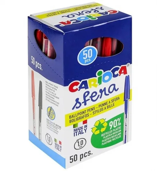 Carioca Sfera Boligrafo - Punta Ø 1mm - Capuchon y Retro del Color de la Tinta - Escritura Super Deslizante - Paquete de Papel - Color Rojo · Pack de 50 uds.
